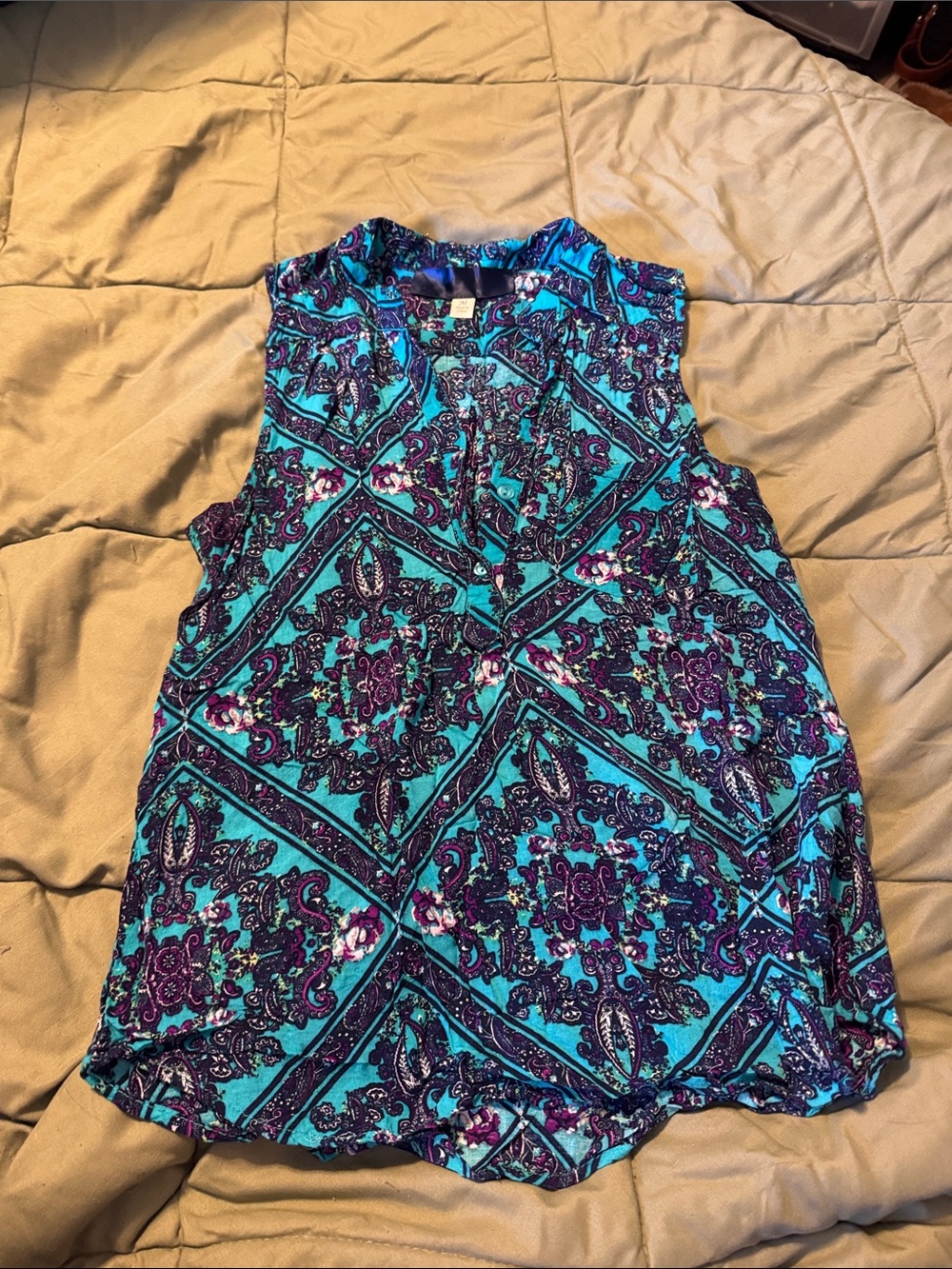 Sleeveless Teal and Purple Patterned Women's Top